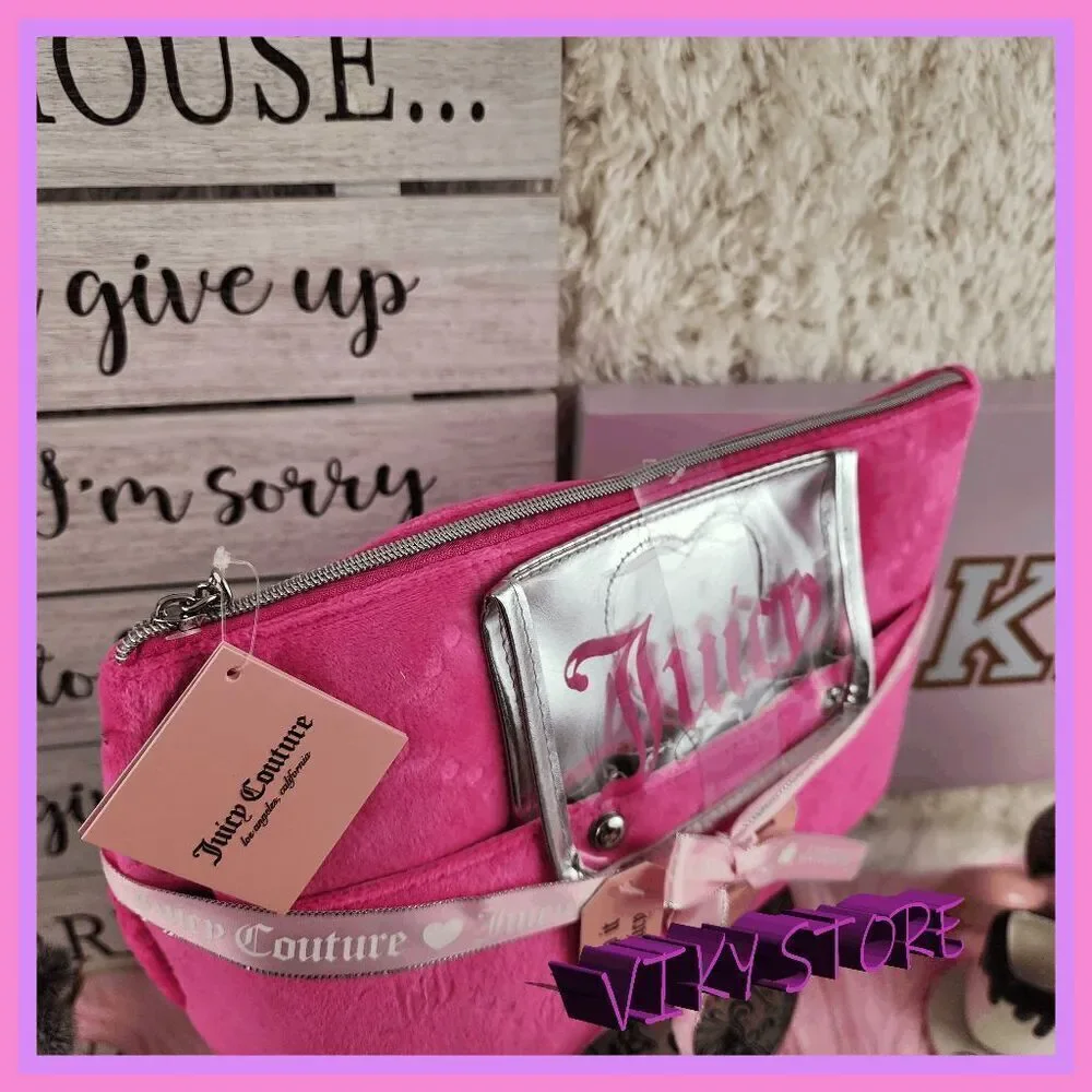 💕 NWT Juicy Couture Pink Velvet Cosmetic Bag Set w/ Brush Holder #7195 💕